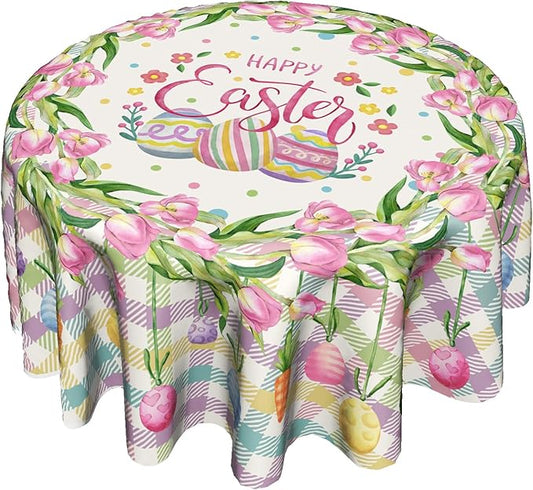 Giwawa Happy Easter Round Tablecloth 60inch -Watercolor Spring Flower Tulips Plaid Polyester Table Covers, Washable Indoor Table Cloths Holiday Decor for Farmhouse Kitchen Backyard BBQ Party