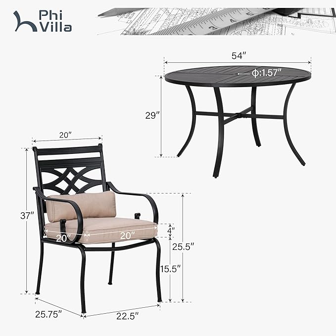 PHI VILLA 7 Pcs Patio Dining Set,Outdoor Table Chair Set for 6 with Outdoor Chairs and Metal Frame Steel Round Table,Outdoor Dining Furniture with Cushion and Pillow for Garden Lawn Deck