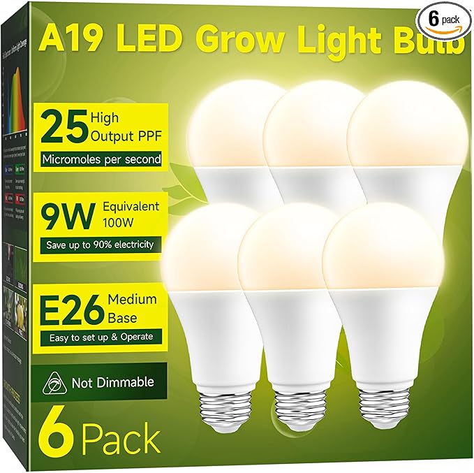 Grow Light Bulbs, Full Spectrum Light Bulb, A19 Grow Light Bulb, Plant Light Bulbs E26 Base, 9W Plant Grow Light Bulbs 100W Equivalent, Grow Light for Indoor Plants, Seeds, Flowers, 6 Pack