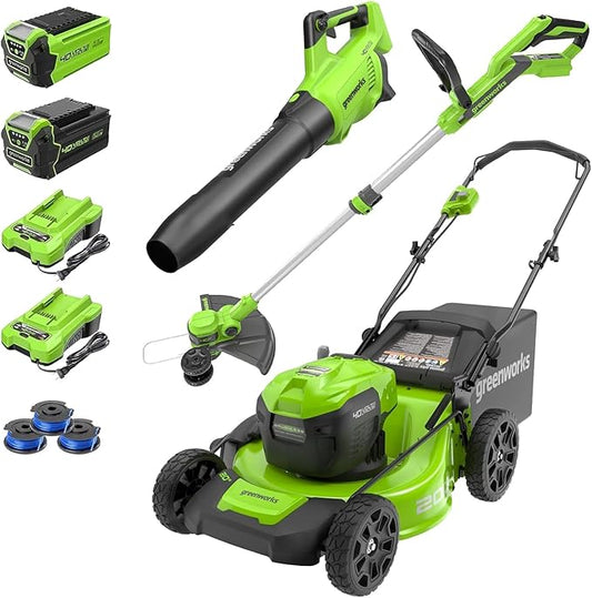 Greenworks 40V 20" Cordless Push Lawn Mower Bundle with Axial Leaf Blower(500 CFM / 120 MPH), 12" String Trimmer, 5Ah + 2Ah Batteries & Chargers