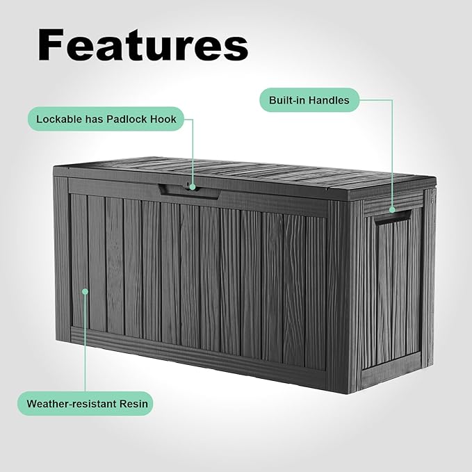ROJIK Outdoor Storage Housing Deck Box - Waterproof Patio Furniture, Garden Tools, Cushions, Pool Accessories Storage Bench with Lockable Lid and Side Handles (Black 88 Gal)