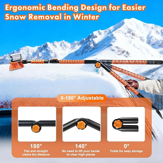 Eazy2hD 3 in 1 Bendable Snow Brush with Ice Scrapers, 64.17" Extendable Window Ice Removal with Squeegee for Windshield, 180° Pivoting Brush Head Cleaner Tool for Car, Truck, SUV
