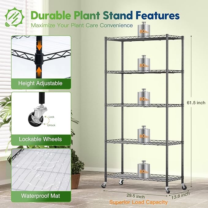 FREELICHT Plant Stand with Grow Light, 5 Tier Adjustable Plant Shelf with 4-Pack 30W LED Grow Lights, 2FT 5000K Full Spectrum Plant Light with Timer for Seedling, Seed Starting (29.5"x13.8"x61.5")