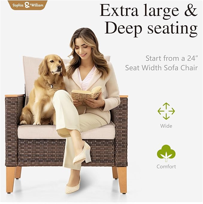 Sophia & William Oversized Patio Furniture Set with Fire Pit Table, Outdoor Wicker Rattan Sectional Sofa 8 Piece Patio Conversation Set for Deck, Backyard, Porch, Outside(45-Inch Fire Pit,Beige)