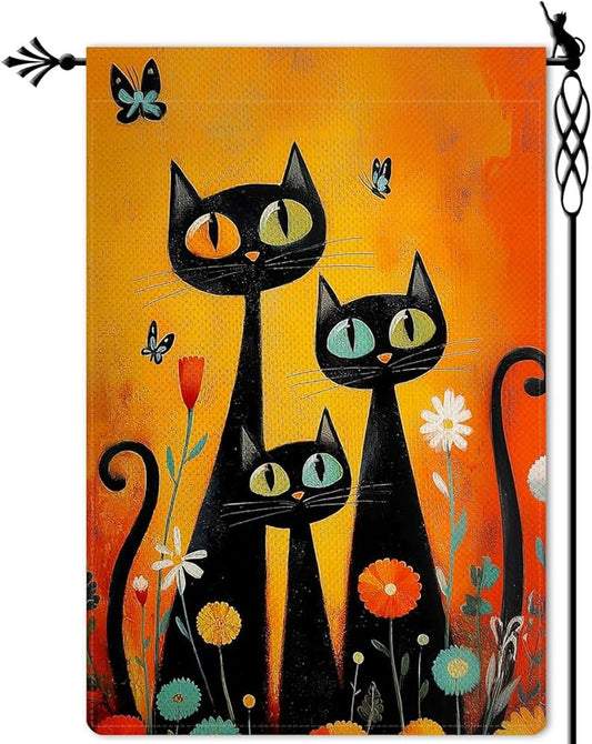 Black Cat Garden Flag Halloween Garden Flag Seasonal Vertical Double Sided Rustic Farmland Burlap Yard Lawn Outdoor Decor 12.5x18"