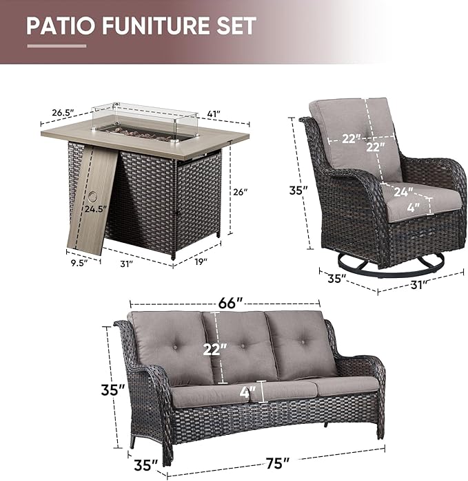 4 Piece Patio Furniture-with 50,000 BTU Gas Propane Fire Pit Table Outdoor Patio Furniture with Swivel Rocker Chairs,Outdoor Couch