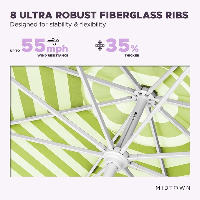 Midtown Umbrellas The Swilt 9 Feet Patio Umbrella in Terylast Pear Stripes (Green/White) Polyester Fabric - Fiberglass Ribs, Auto-Tilt Aluminum Frame For Backyard, Deck, Garden, Pool - White Pole