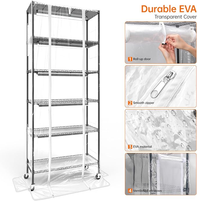 Plant Shelf with Grow Light, Grow Light Shelf with Cover and Thermometer, 6 Tier Plant Stand with Grow Light , Greenhouse with 150W Led Grow Light For Seed Starting , Tray (29.5"L×13.8"W×70"H)