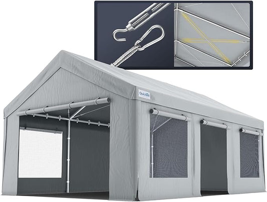 Quictent Heavy Duty 12x20 ft Carports with Side Zipper Doors & Snowproof Steel Cables & Ventilated Windows, Waterproof Storage Shelter for Car, Boat, RV, Outdoor Equipment, Gray