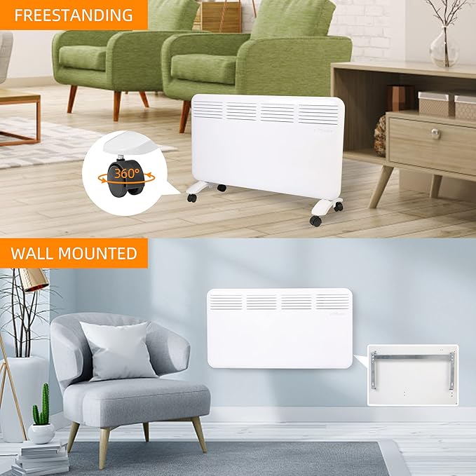 Convection Space Heaters for Indoor Use, 1500W, Quiet Heating, Auto Thermostat, 24H Timer, 3 Modes, Wall Mounted/Freestanding, Electric Panel Heater for Bedroom, Bathroom, Office
