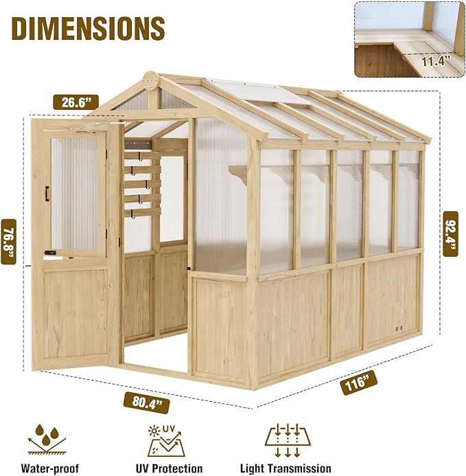 EAGLE PEAK 6.7x9.7x7.7 ft Wood and Polycarbonate Walk-in Greenhouse, Cedar Hobby Green House with 2 Roof Vents, Natural