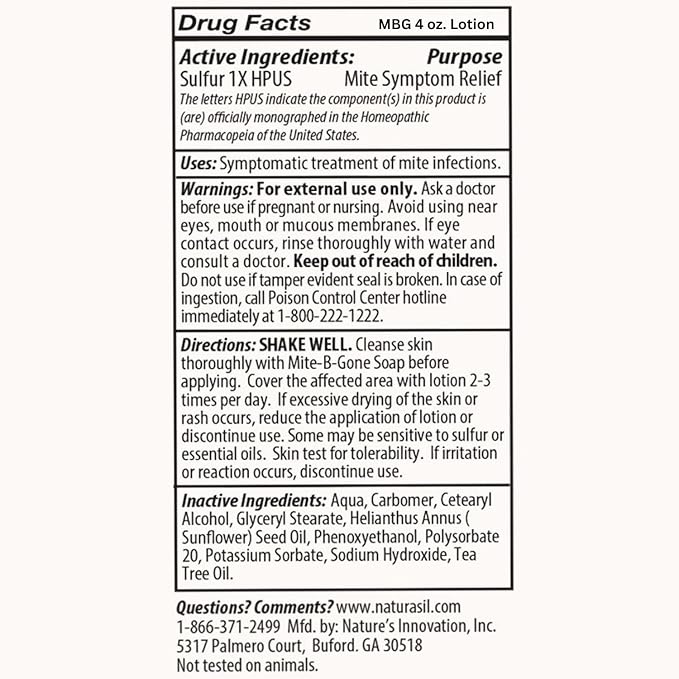 All-Natural Itch Relief by Mite-B-Gone - Sulfur Lotion Treatment for Acne, Bug Bites, Skin Redness & Itching, Discomfort & Rosacea | Safe for Kids and Adults| Fast & Effective for All Skin Types| 4 oz