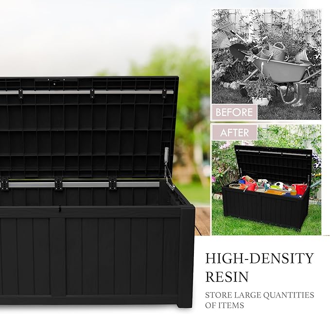 AJP Distributors 120 Gallon Outdoor Storage Box, Rain Waterproof Resin Deck Box, Lockable Large Storage Container for Patio Furniture, Cushions, Garden Tools, Sports Equipment and Pool Supplies Black