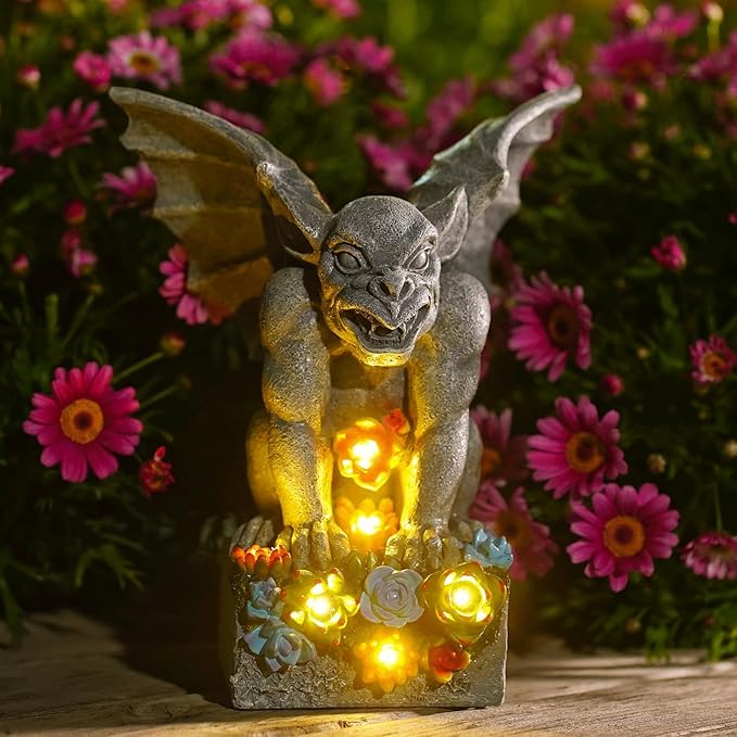Gothic Gargoyle Garden Statues: Outdoor Sculptures with Succulent Lights Decor for Patio Lawn Yard Art - Gifts for Mom Grandma