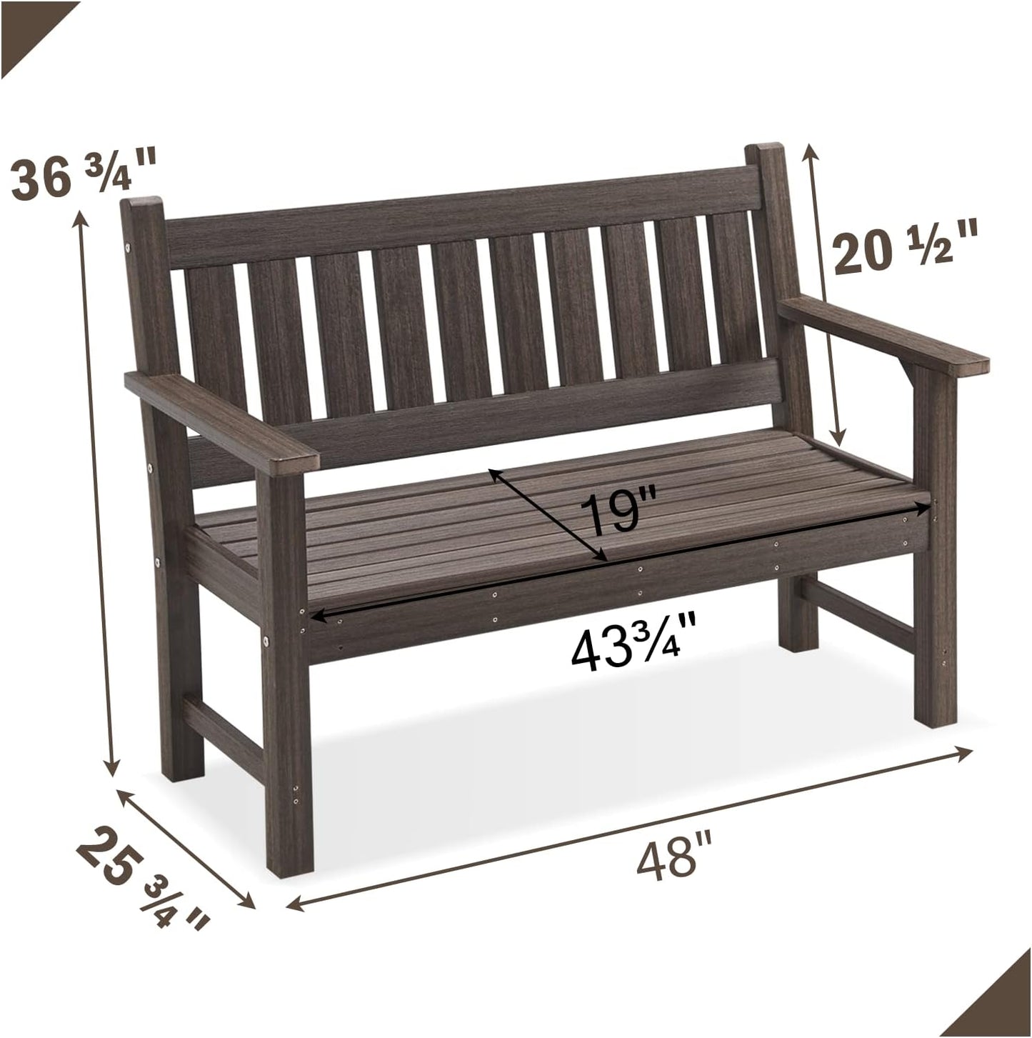 Outdoor Bench, 2-Person Garden Bench, Poly Lumber Patio Bench for Outdoors, Porch, and Park (Dark Brown)