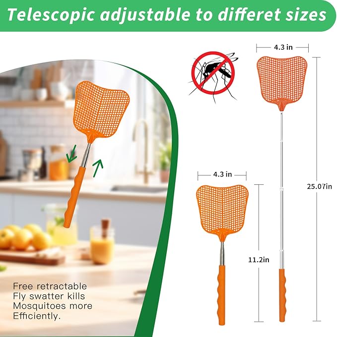 MYSTICHOME Fly Swatter 1 Pack, Durable Heavy Duty Plastic Fly Swatters, Stainless Steel Telescopic FlySwatter for Indoors/Outdoor/Kitchen/Garden (Orange)