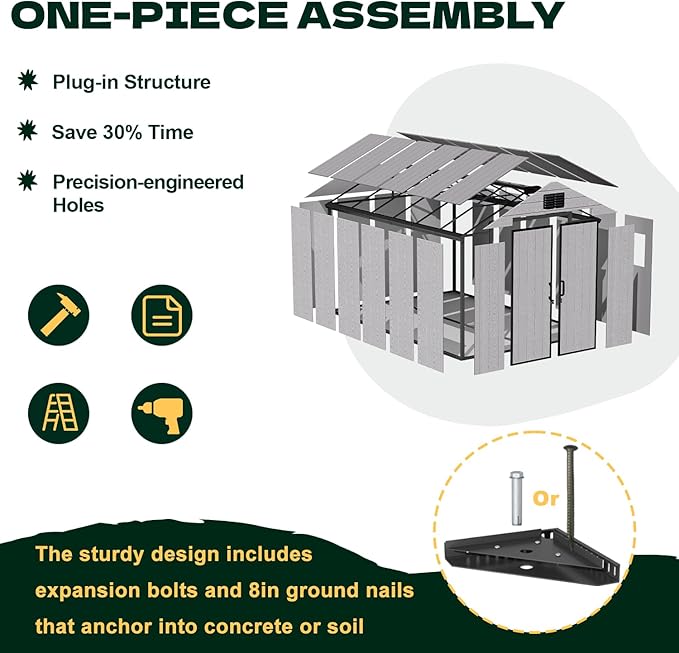 MELLCOM 8 x 12 FT Resin Outdoor Storage Shed with Floor, Outdoor Storage Tool Shed with Windows and Lockable Door, Resin Garden Shed for Lawnmower, Bike, Pool Supply