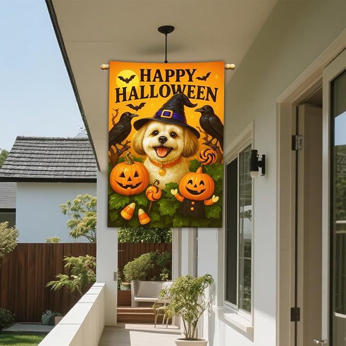 IVN Halloween Shih Tzu Garden Flag 28 x 40 Inch Double Sided House Flag with Witch Hat Pumpkin and Raven Design for Spooky Outdoor Porch Decor