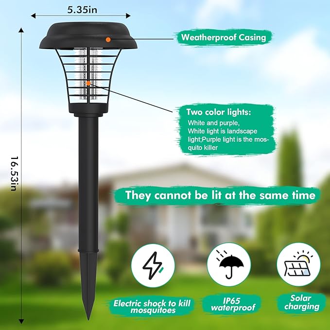 2 Pcs Solar Bug Zappers Outdoor Waterproof LED Solar Mosquito Zappers Solar Powered Mosquito Killer Light Lamp for Indoor and Outdoor Use