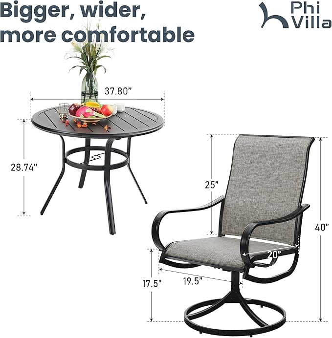 PHI VILLA 5 Piece Patio Dining Set, 4 Swivel Patio Chairs and 1 Round Metal Table with 1.57" Umbrella Hole, All Weather Resistant for Lawn Garden