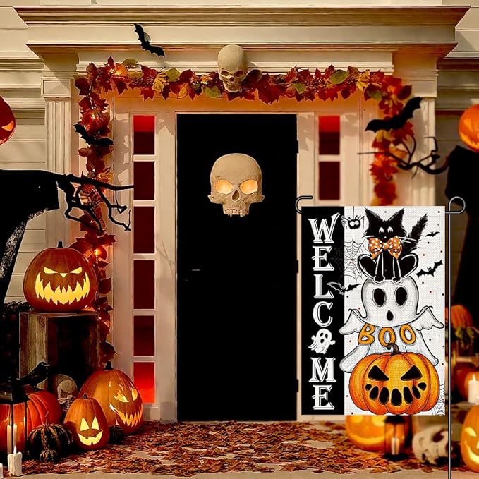 Halloween Welcome Garden Flags for Outside 12x18 Inch Double Sided Burlap, Black Cat Spooky Ghost Pumpkin Sign Small Flag Farmhouse Holiday Yard Lawn Outdoor Decorations DF868