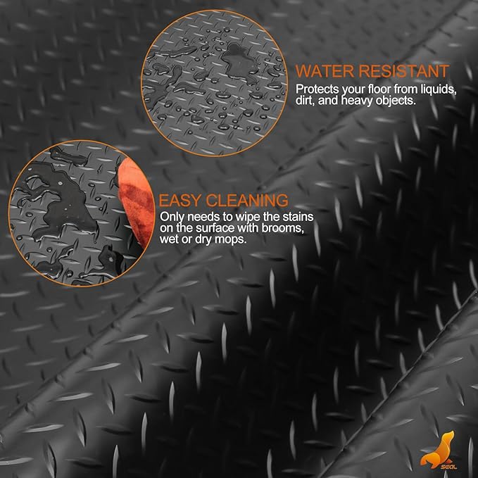 SEAL 6 x 10 Ft Premium Garage Floor Mat, Solid 2.8mm Thickened Black Commercial Grade Heavy Duty Parking Mat for Garage Floor, Golf Cart, Water/Stain Resistant Floor Runner (Embossed Diamond Plate)