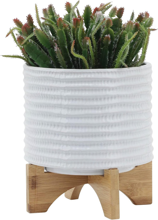 Ceramic Planter with Bamboo Stand – Modern Home Decor Indoor Plant Pot with Textured Stoneware Design – Decorative Planter with Legs for Living Room, Bedroom, Office, Patio, or Garden - 8", White