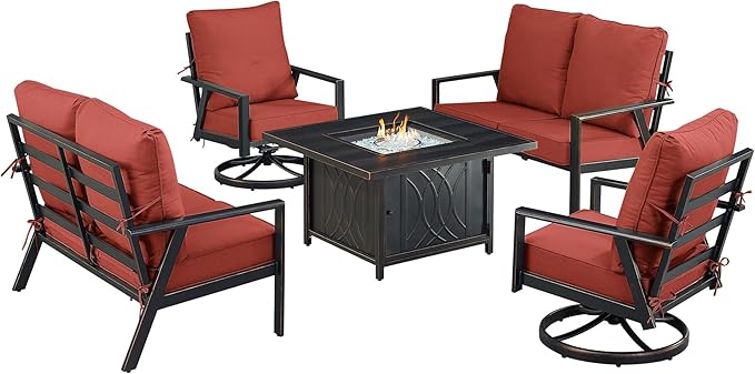 Oakland Living Black Aluminum Patio Fire Table Set with Two Deep Seating Loveseat with Cushions and Two Club Chairs with Red Cushions
