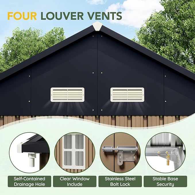 Breezz 8X10FT Outdoor Steel Storage Shed with Clear Window, Lockable Doors, Weather-Resistant Metal Tool Shed for Garden, Backyard, Patio, and Utility Storage.Brown