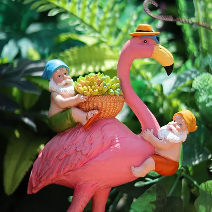 Gnomes Flamingo Garden Statue – Resin Sculpture for Yard, Patio or Lawn Decor – Funny Garden Gnome Gift for Mom, Women, Friends (No Lights)