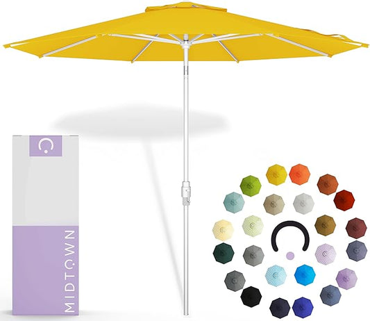 Midtown Umbrellas The Swilt 10 Feet Patio Umbrella in Terylast Sunflower (Yellow) Polyester Fabric - Fiberglass Ribs, Auto-Tilt Aluminum Frame For Backyard, Deck, Garden, Pool - White Pole