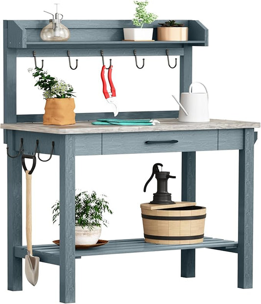 Outdoor Potting Bench Table with Metal Tabletop, Planting Table Potting Work Station with Storage Drawer and Removable Shelf Rack, Garden Potting Table for Outdoors