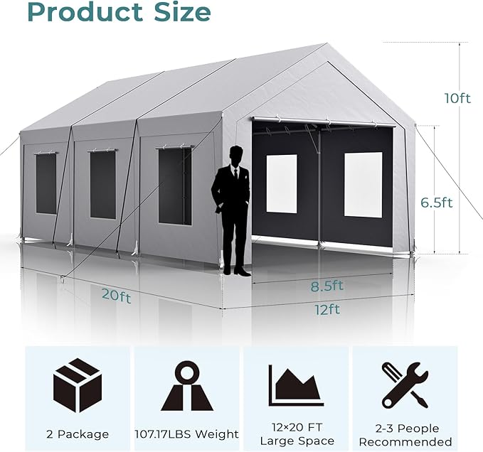 Carport 12x20 ft Heavy Duty, Car Port with Reinforced Steel Frame and 6 Roll-up Windows, Portable Garage with Sturdy Ground Nails, Waterproof All-Season Car Canopy for Boat, Truck, Grey