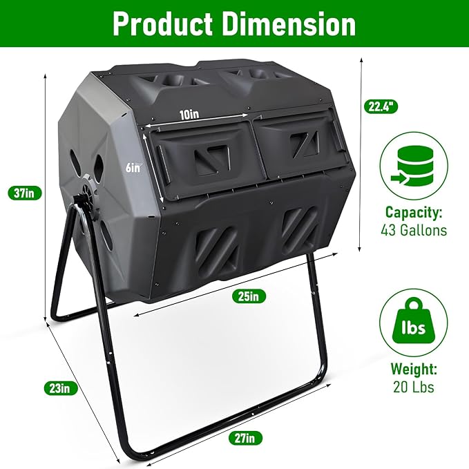 Compost Bin, 43 Gallon Dual Chamber Composter Tumbler Outdoor with 2 Sliding Door and Aeration System, BPA-Free Large Rotating Composting Bin for Garden, Kitchen, and Yard Waste, Black