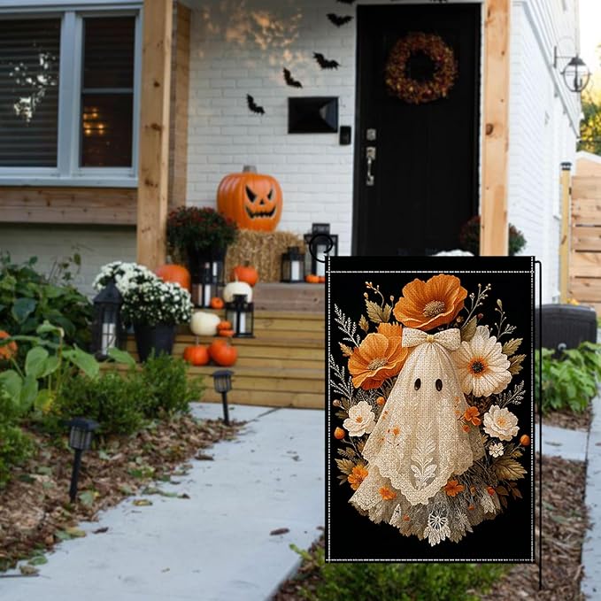 Halloween Garden Flag 12 x 18 Inch Double Sided Ghost Flower Bow Designs Fall Autumn Burlap Yard Flag for Outside Rustic Yard Outdoor Holiday Home Decoration