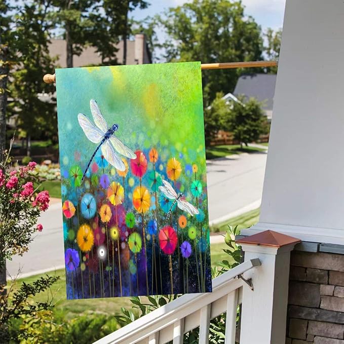 Summer Flowers Garden Flag Dragonfly House Flag Spring Welcome Garden Flags 12 x 18 Double Sided Floral Flags for Patio Lawn Home Outdoor Decor