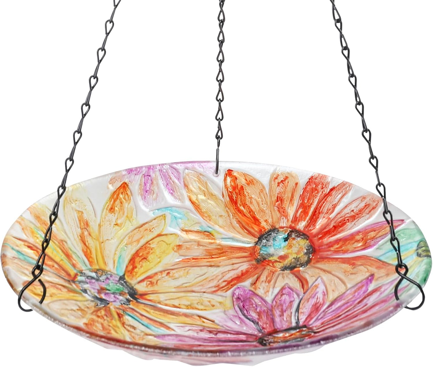 VCUTEKA Hanging Bird Bath, Glass Bird Baths for Outdoors Birdfeeder with 21 inch Rust-Proof Chain for Garden Yard Decor, Flower