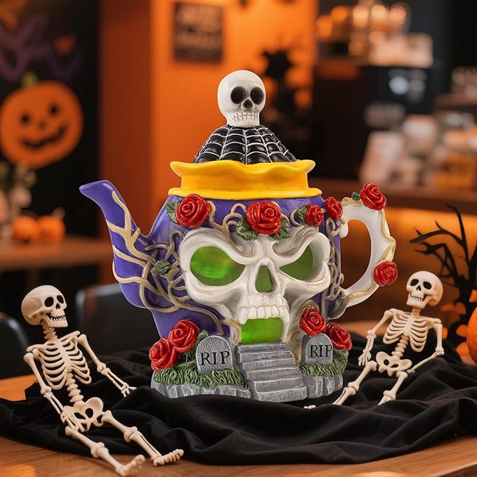 Light Up Halloween Haunted House Decor, 8.3"X 8.1" Resin Skull Head Decorative Teapot Figurine with Roses, Spooky Skeleton Miniature Village Indoor Outdoor Table Mantel Decorations for Home