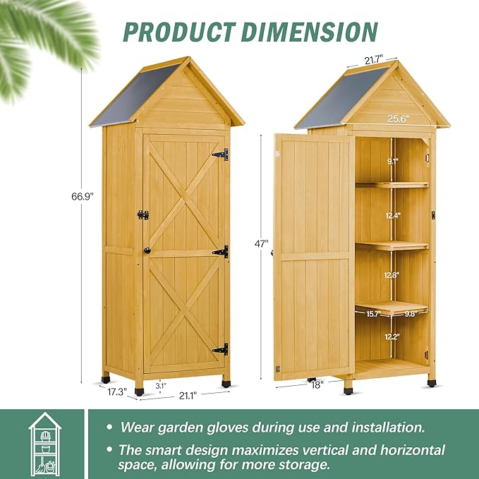 Wooden Outdoor Storage Cabinet,Tall Vertical Garden Tool Shed with Waterproof Metal Roof & Adjustable Feet – Perfect for Yard, Patio, Lawn & Deck (Yellow, 22" x 26" x 67")