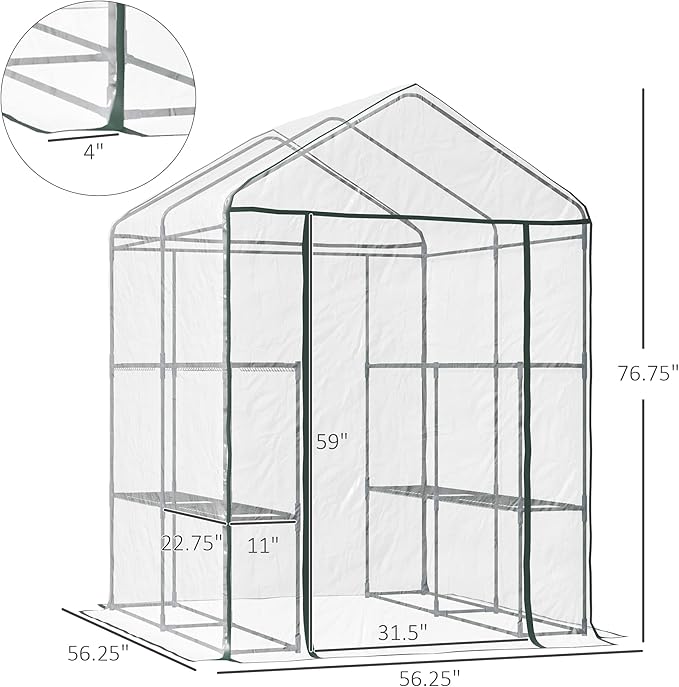 Outsunny 5' x 5' x 6' Mini Walk-in Greenhouse Kit, Portable Green House with 3 Tier Shelves, Roll-Up Door, and Weatherized Plastic Cover for Backyard Garden, Clear