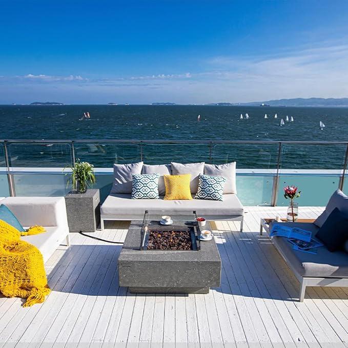 Manhattan Concrete Fire Pit 36" x 36" Outdoor Patio Firepit Includes Lava Rocks Modern Fire Pits & Outdoor Fireplaces for Garden, Deck, Indoor & Outdoor Heating