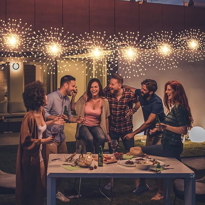 200LED Hanging Sphere Lights, Battery Operated Starburst Lights, 8 Modes Dimmable Remote Control, Waterproof Fairy Light, Copper Wire Light for Indoor Outdoor Christmas Decor (Warm White)