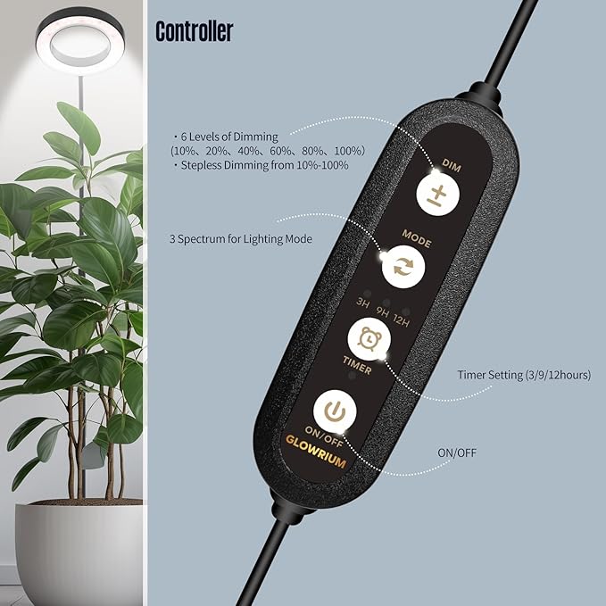 GLOWRIUM Grow Lights for Indoor Plants,20W Full Spectrum LED Plant Light with Stand,Adjustable Height,3/9/12H Timer,6 Dimmable Levels & 3 Lighting Modes (Black-Single Head)