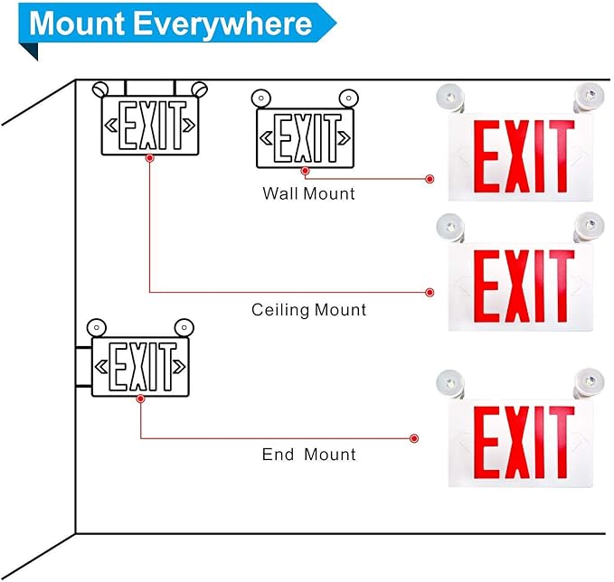 SPECTSUN 4 PACK LED Exit Sign Battery Backup& Exit Sign with Emergency Lights, LED Emergency Exit Light with Battery Backup, UL Listed, AC 120/277V, Commercial Emergency Lights Combo for Business.