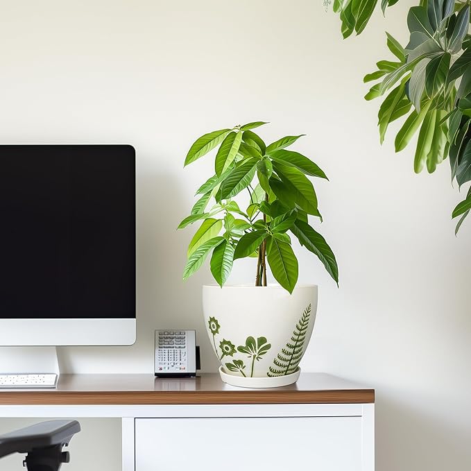 Indoor Plant Pot 6.8 Inch - Ceramic Planter for Indoor Flowers with Drainage Hole and Saucer, Boho Round Decorative Outdoor Flower Pot, Gifts for Plant Lovers, Garden Office Home Decor, White