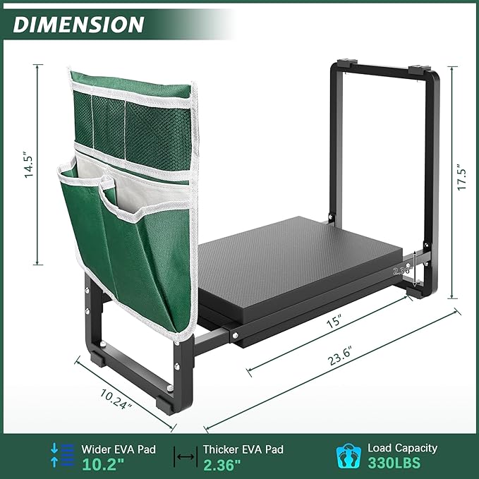 FLINTER 10.2" Wider Garden Kneeler and Seat, Upgraded Heavy Duty Thick Gardening Bench for Kneeling and Seat - Garden Tools with Bags, Gardening for Women, Grandparents, Mom & Dad, Black