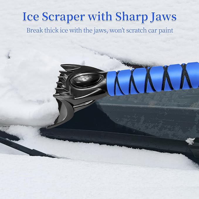 HEEYA 51 Inch Snow Brush for Trucks, Extendable Long Handle Ice Scraper with Brush with Foam Grip, SUV Heavy Duty Snow Brush with Ice Scraper for Car Auto Jeep RV Vehicle Windshield Window - Blue