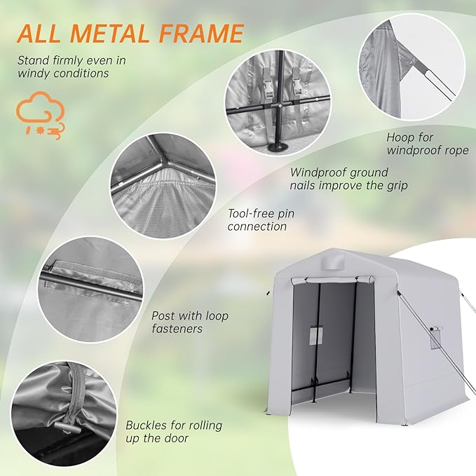 6x8 ft Outdoor Storage Shelter Shed with Roll-Up Zipper Doors & Mesh Windows, Portable Waterproof Storage Tent for Motorcycle, Bike, Firewood, Lawn Mowers, Garden Tools (Gray)