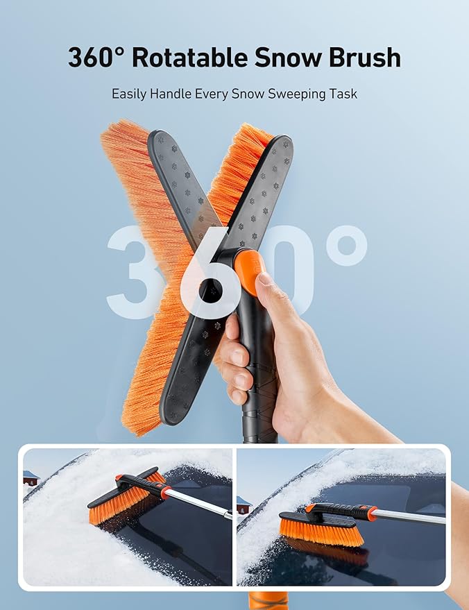 AstroAI 2" 1 Ice Scraper & Snow Shovel Kit, 47.2" Ice Scrapers for Car Windshield and 360° Pivoting Snow Brush, Extendable Snow Shovel with Foam Grip for Car, Trucks, SUVs, Vehicles（Orange）