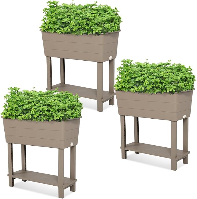 Aoodor 30" x 14" x 29" Raised Planter Box with Legs, Storage Shelf, Drainage Plug, and Water Level Indicator, for Vegetables, Flowers, Herbs, Outdoor Use, Set of 3, Khaki